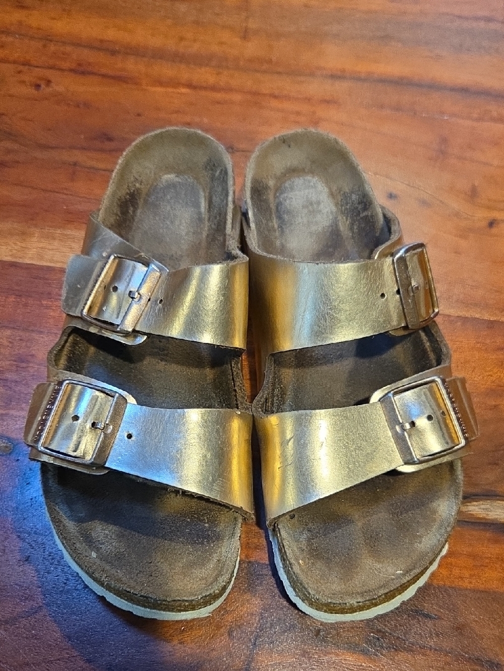 Womens Metallic Gold Double-Buckle Birenstock Sandals